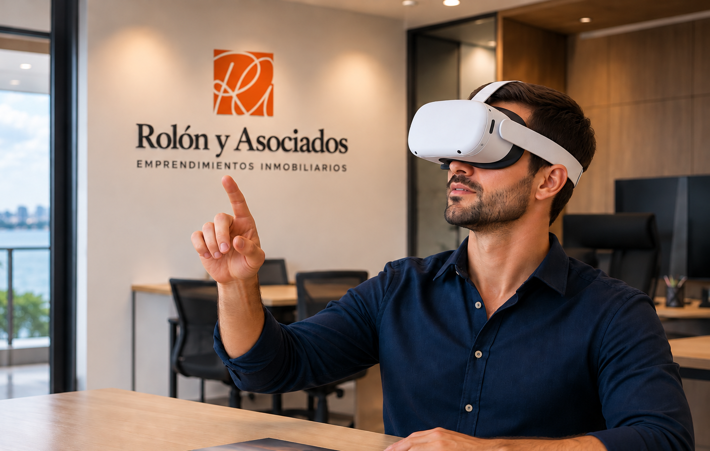 Cliente recorriendo una propiedad con lentes de realidad virtual en la oficina de Rolón y Asociados